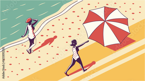 Two women of African descent stroll along a sunny beach, enjoying the warm colors and vibrant atmosphere.