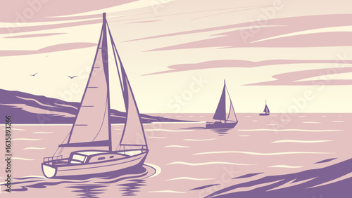 A serene scene of sailboats gliding over calm waters at sunset, rendered in soft purple hues.