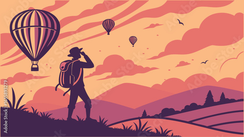 A silhouetted male hiker gazes at colorful hot air balloons against a vibrant sunset sky.