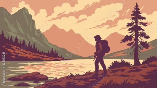 A solitary male hiker admires the serene mountains and water at sunset, embodying the spirit of adventure and exploration.