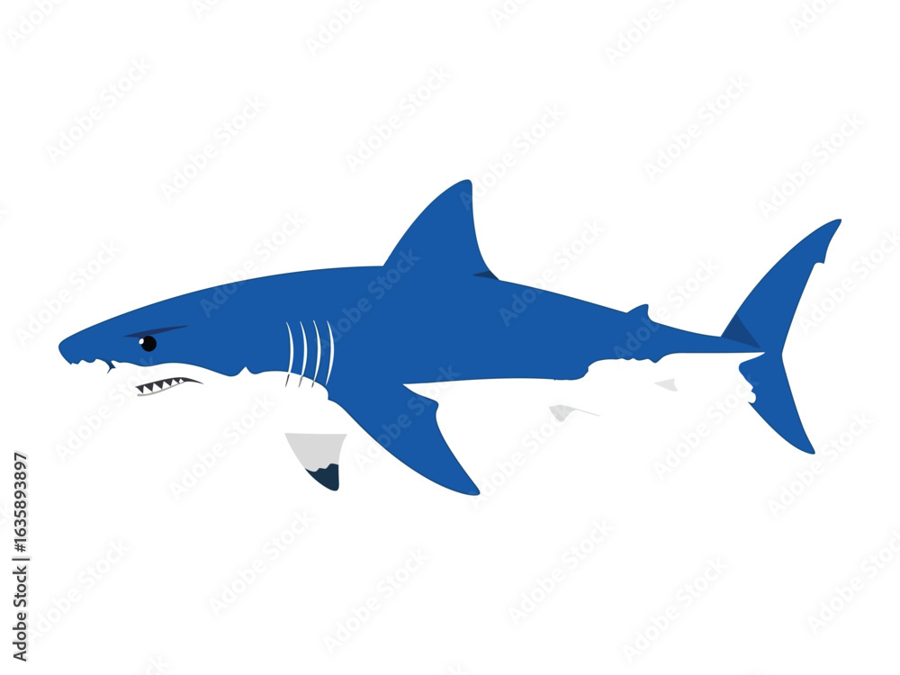 Naklejka premium Majestic Blue Shark Silhouette: A bold, stylized illustration of a powerful shark, showcasing its sleek form, dorsal fin, and aquatic dominance.