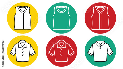 Simple Line Icons: Tank Tops and Polo Shirts;  Versatile Apparel Design Elements;  Clean Minimalist Style;  Bright Color Palette.