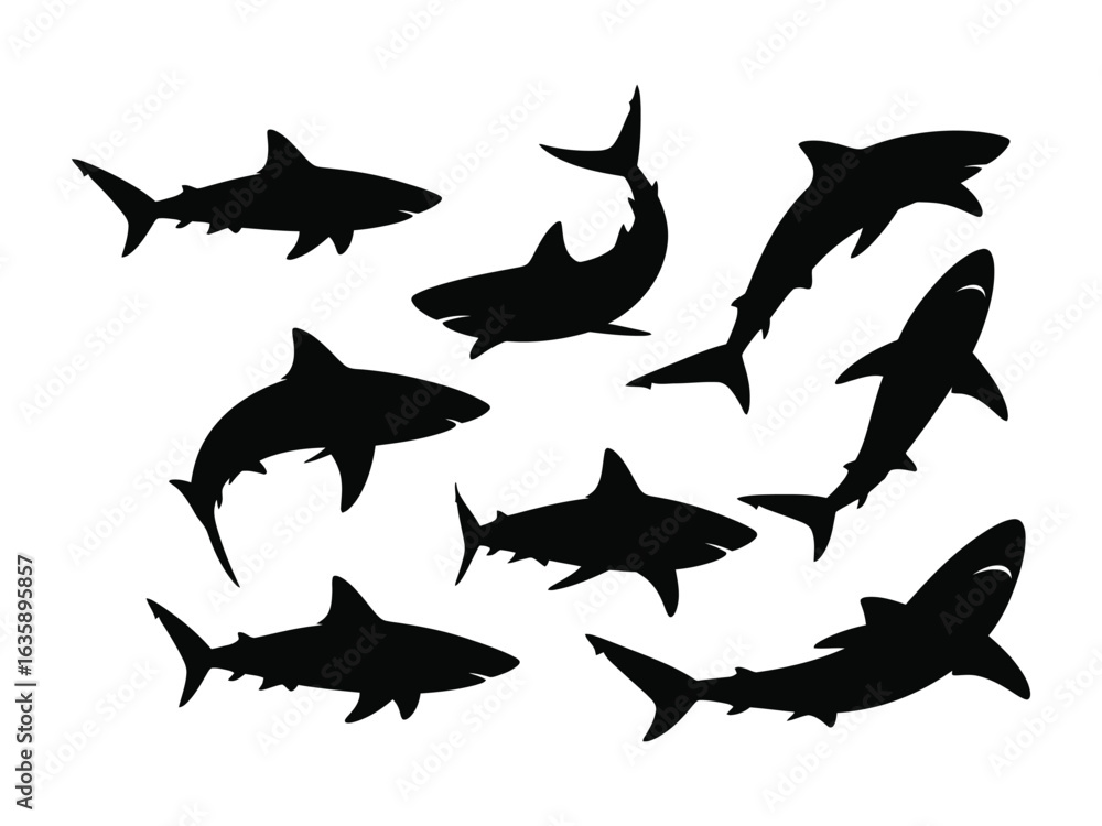 Fototapeta premium Oceanic Silhouette: A collection of majestic shark silhouettes, each a symbol of ocean power, rendered in a clean, stark design, suggesting mystery and life beneath the waves.