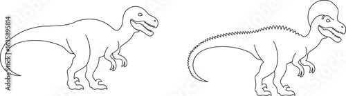 Dinosaur icon set, black vector collection of prehistoric reptile group in line style T-Rex raptor cartoon dino ancient animal silhouette and outline fossil isolated on transparent background