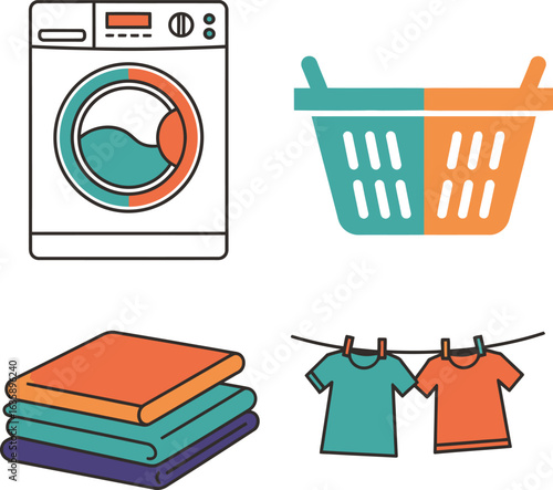 Laundry cycle illustration showing washing machine, clothes basket, folded laundry, and clothes hanging to dry.