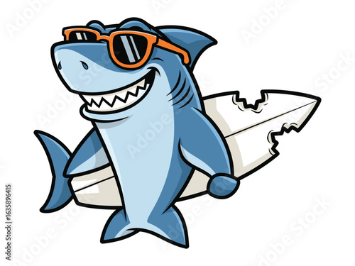 Cool Shark with Surfboard: A cartoon shark is relaxing after surfing wearing sunglasses and holding a surfboard, the perfect image for any water sports enthusiast.