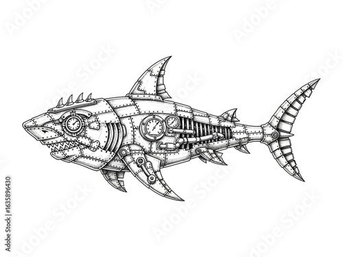 Steampunk Shark Illustration: A meticulously detailed illustration showcases a mechanical shark, blending Victorian-era aesthetics with aquatic marvels and the charm of an innovative design.