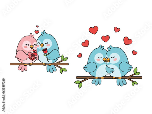 Lovebird's Delight: A cute illustration of two lovebirds expressing affection, hearts and sweet interactions create a scene of romance.