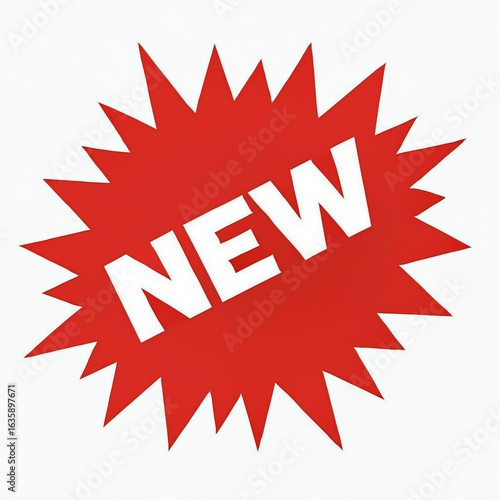 Bright red starburst sticker with the word new