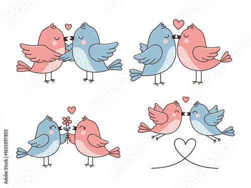 Love Birds Romance: Charming illustrations capture the delicate beauty of avian affection, with pairs of pastel-colored lovebirds sharing tender kisses, sweet flowers, and heart shaped symbol