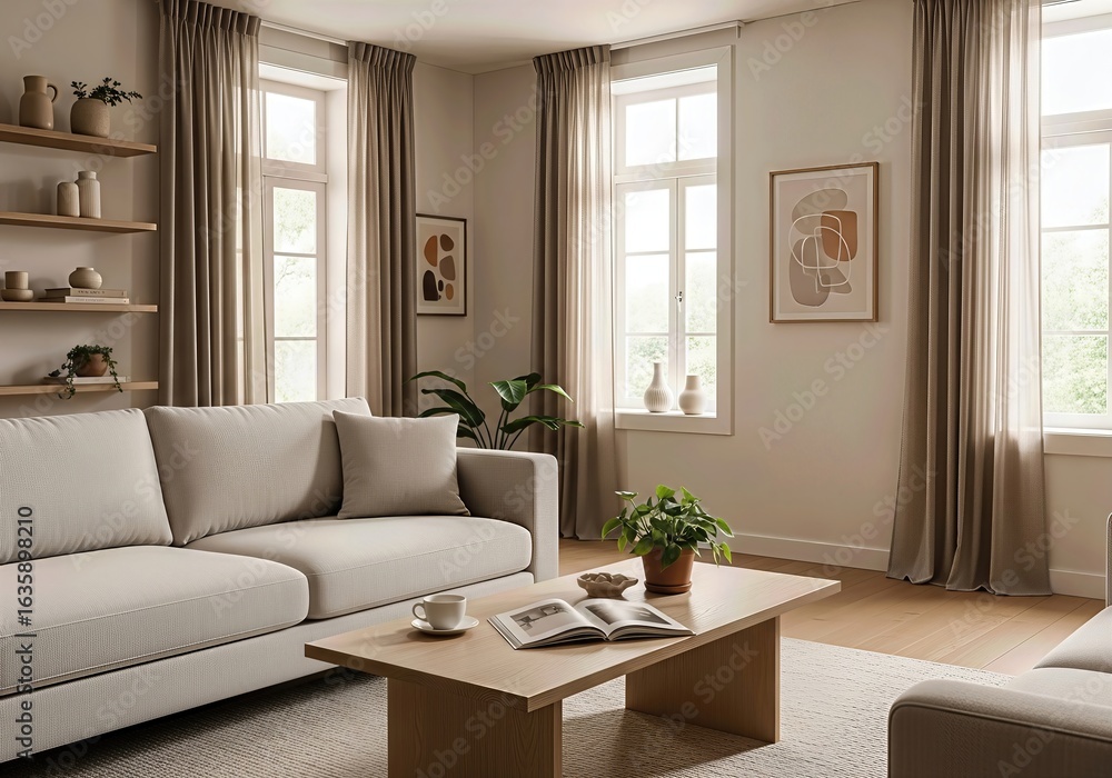 Fototapeta premium Minimalist modern living room interior with beige sofa, wooden coffee table, and natural light