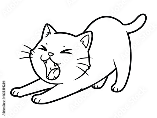 Tableau sur toile Sleepy Cat in illustration: A charming monochrome illustration showcases a cute cat mid-yawn, capturing a moment of pure feline relaxation