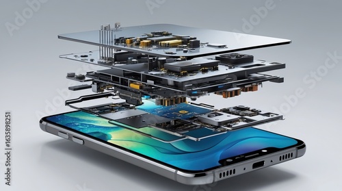 Exploded smartphone view with internal components — a visual metaphor for engineering, transparency, and technological complexity