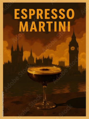 Espresso martini cocktail in glass – vodka, coffee liqueur and espresso, retro London skyline illustration