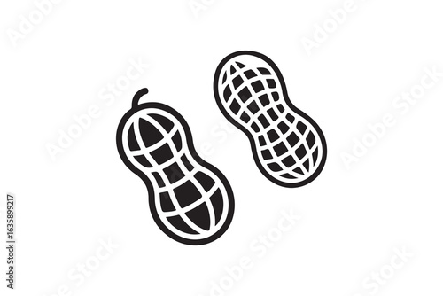 Two Simple Black Peanuts in Outline Style.This image features two stylized peanut shells, presented in a clean, outlined black and white design.
