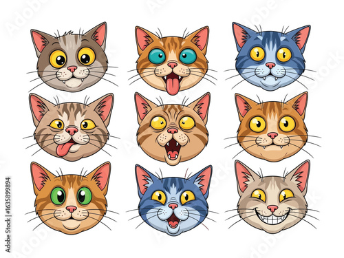 Cat Expressions: A collection of cartoon cat faces displaying a variety of emotions, from surprise and joy to silliness and contentment.