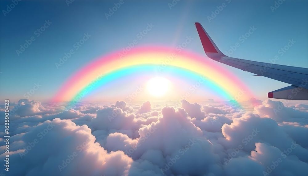 Obraz premium A vivid and colorful rainbow stretching across the sky as seen through the passenger window of an airplane in flight