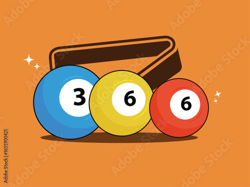 Illustration of three billiard balls, numbered 3 and 6, with a triangle rack, on an orange background with sparkles.