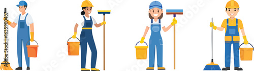professional cleaning service character set, Janitors in uniform with equipment vector flat graphic illustration

