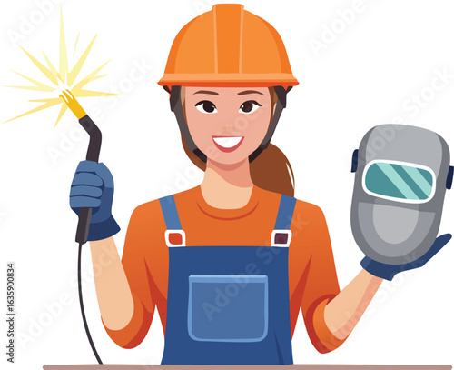 A female welder character with a torch and mask, a professional industrial woman worker vector flat cartoon  illustration