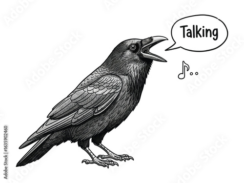 Speaking Crow: A monochrome illustration captures a crow in mid-utterance, a speech bubble conveying 'Talking', complemented by musical note.