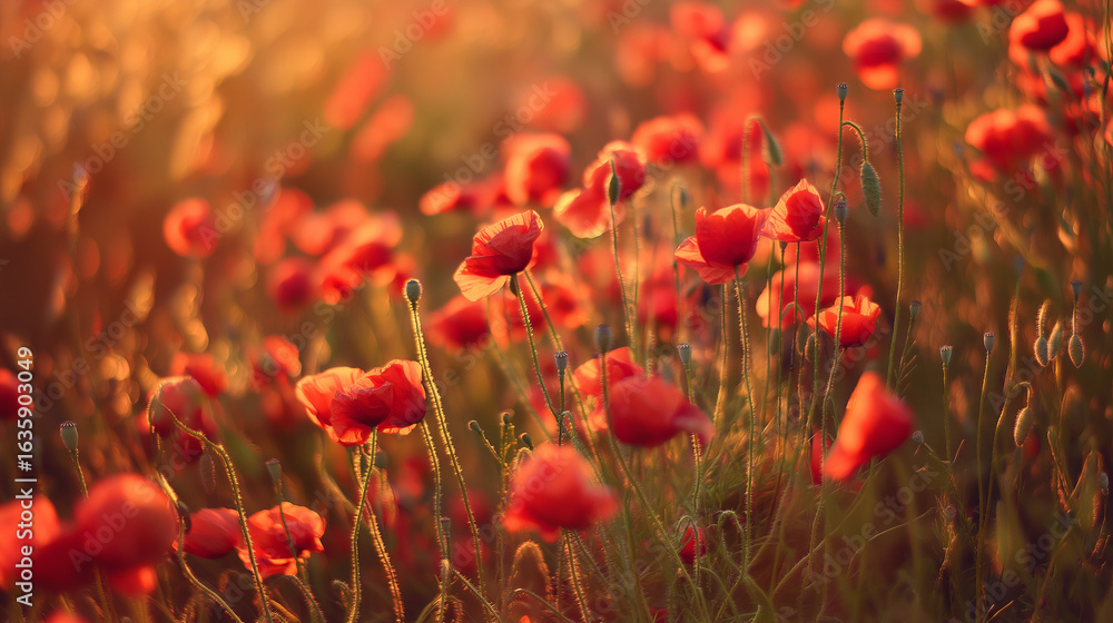Fototapeta premium A vibrant sunset field adorned with red poppy flowers, bathed in warm golden light.