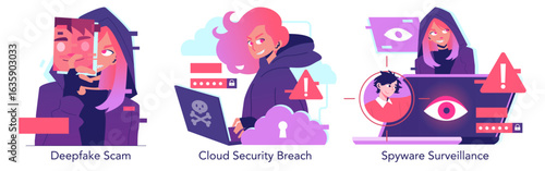 Deepfake Scam and Cloud Security Breach Illustration