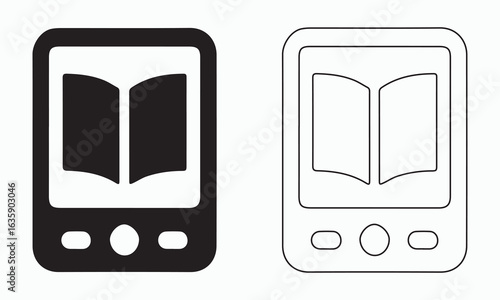 E-book reader icon showing a mobile device with an open book.
