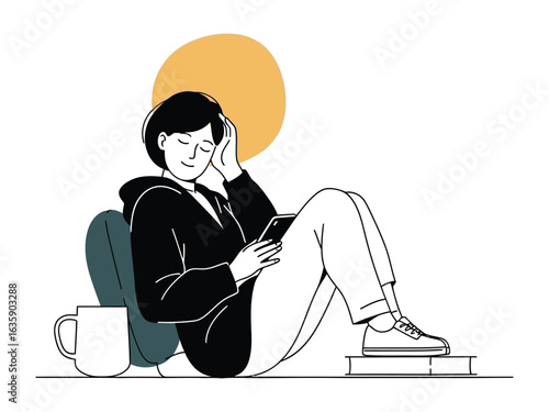 Serene Moment: A relaxed person, absorbed in their phone, basks in a moment of tranquility, with a book and a cup of coffee nearby, against the backdrop of a setting sun.