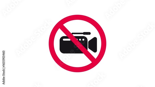 4K Animation of Video Camera Prohibited Sign on White Background.
