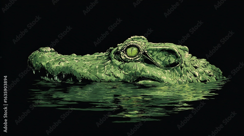 Fototapeta premium A green, watchful reptile emerges from dark water, illuminated by reflected light