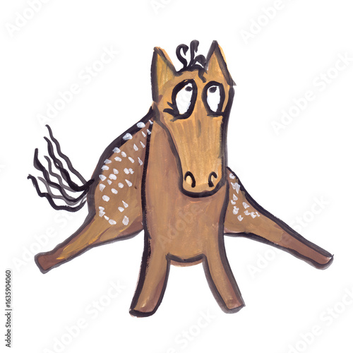 Horse, mare, pony, foal, trotter, nag is galloping, trotting, jumping, sitting, looking with curiosity. Gouache painting in children's style. Funny characters, bright colours. Awkward, clumsy