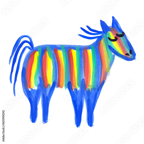 Horse, mare, pony, foal, trotter, nag is galloping, trotting, jumping, standing, looking with curiosity. Gouache painting in children's style. Funny characters, bright stripes. Rainbow.