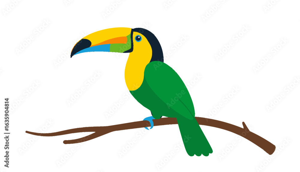 Obraz premium Colorful toucan bird illustration perched on a tree branch, isolated vector graphic