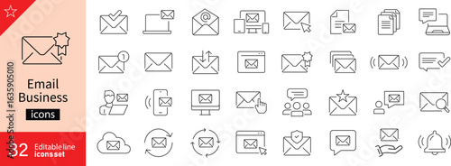 E-mail Business line icon set. Related to mailing, programming, postal letter, business and email. Vector illustration. Linear icon collection. Email outline icon collection. Editable stroke. 