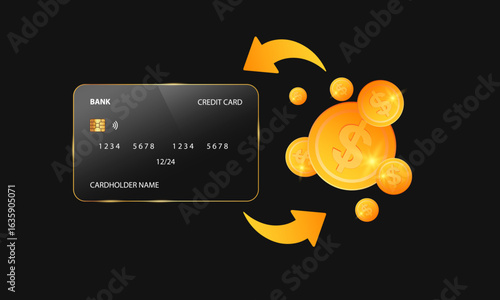 A sleek black credit card with golden arrows and coins, representing cashback, rewards, and financial growth in a modern, digital banking world.