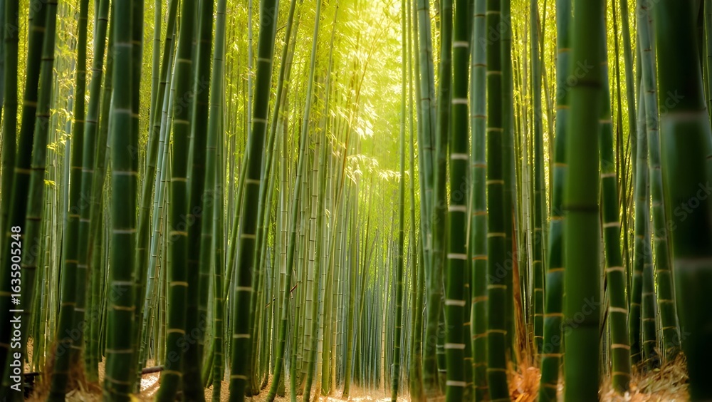 Fototapeta premium Sunlight filtering through a dense bamboo forest creating a serene natural landscape