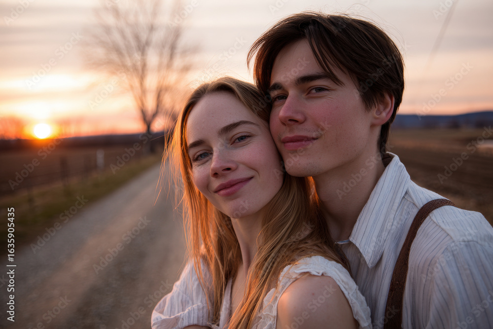 Obraz premium young couple walks hand in hand along tranquil path enveloped by warm glow of setting sun