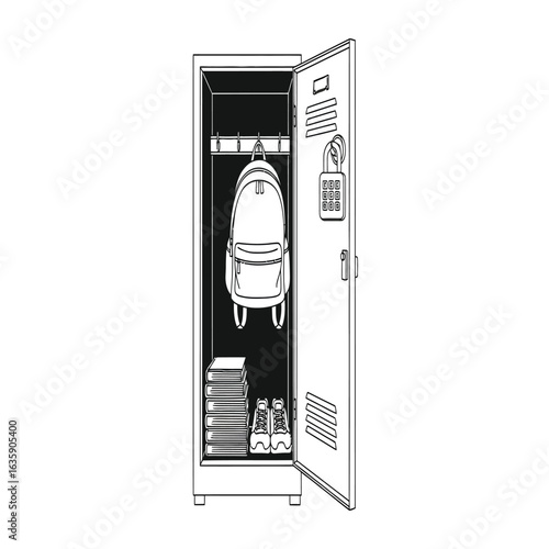School locker with books, backpack and shoes metal cabinet for storing personal belongings in educational institution