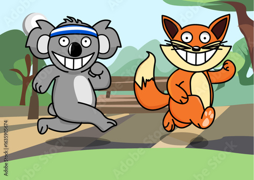 Fox and koala running in the park