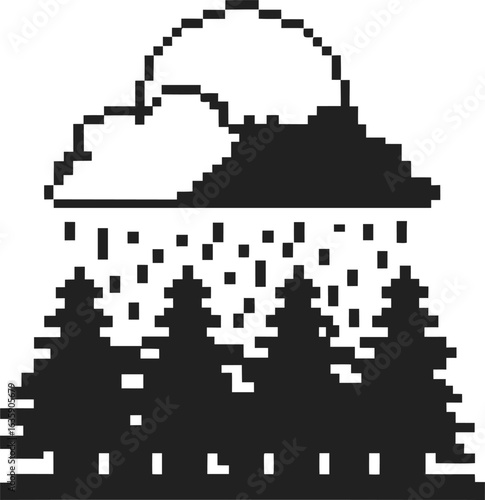 Pixel art rain cloud above forest black and white minimalistic landscape, digital precipitation, retro pixel nature scene