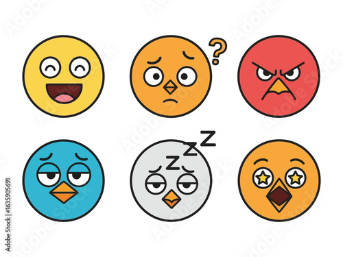 Emotionally Charged Emojis: A vibrant collection of bird-themed emojis expressing a spectrum of emotions, from cheerful glee to irritated grumpiness.