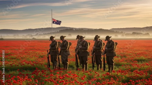 Anzac Day Remembrance: Australian Soldiers in a Poppy Field