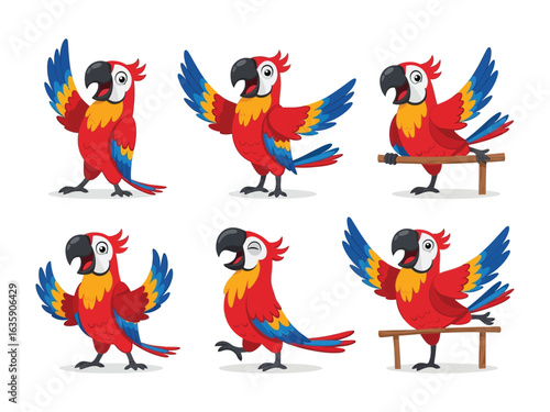 Playful Parrot in Various Poses: A collection of playful parrots is depicted in a colorful cartoon illustration, each showcasing unique poses, expressions.