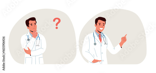 Young doctor thought about it and came up with an idea. Flat style cartoon vector illustration.