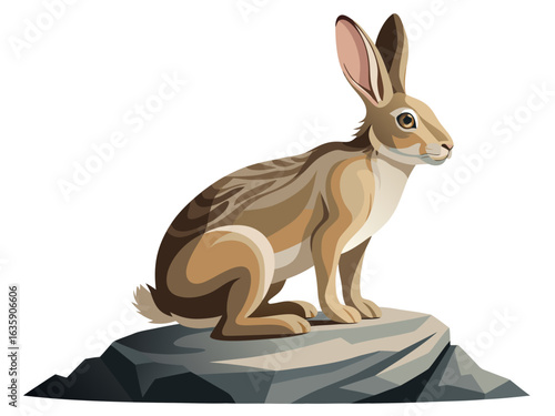 Alert rabbit sits attentively on textured rock, observing surroundings with keen eyes and long ears
