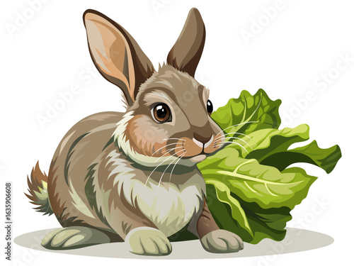 Adorable fluffy bunny with fresh green lettuce leaves, perfect for spring themes and charming designs.