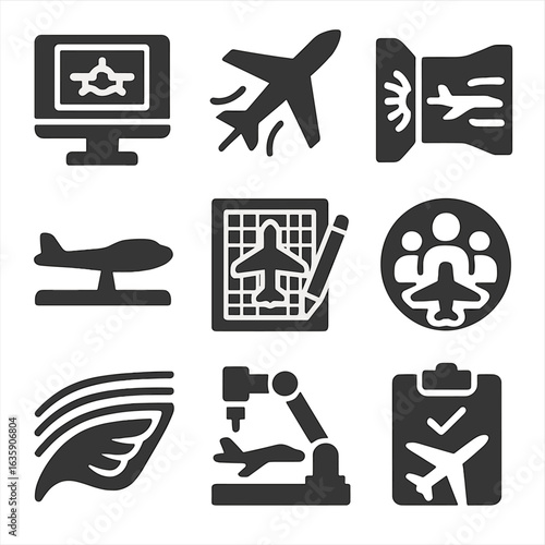 Aircraft Design Icons. Solid style icons of aircraft engineering and design: CAD aircraft blueprint, aerodynamics symbol, test