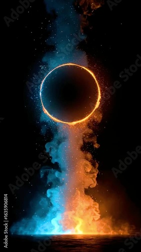 abstract footage with burning round shape isolated over black interior background; smoke / mist is covering the portal; concept of innovation, technology, science