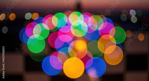 Bokeh arrangement of colorful lights over a blurred checkerboard background
